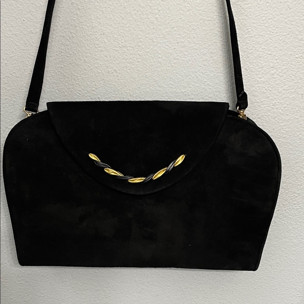 Vintage Bally Black Suede Shoulder Bag with Gold Details
